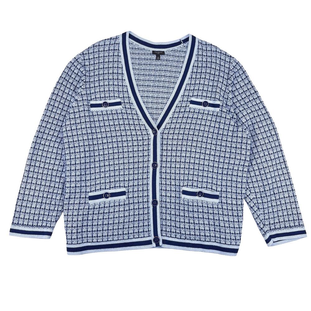 Talbots Cardigan Sweater Jacket Womens 2X Blue Jacquard V-Neck Plaid Preppy